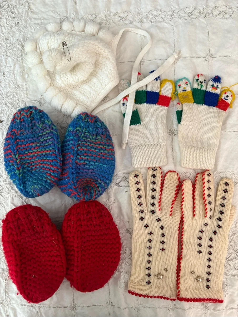 Handmade Cream and Multicolor Knit Winter Gloves & Slippers Set LOT